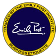 A blue and yellow logo for emily post